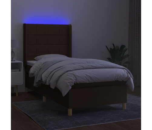 Cama box spring colchón y luces LED tela marrón oscuro 80x200cm