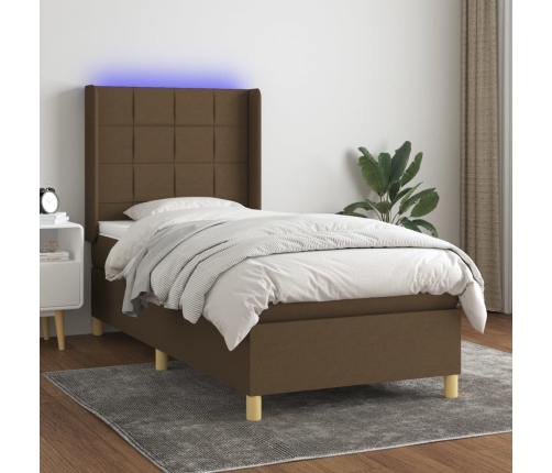 Cama box spring colchón y luces LED tela marrón oscuro 80x200cm