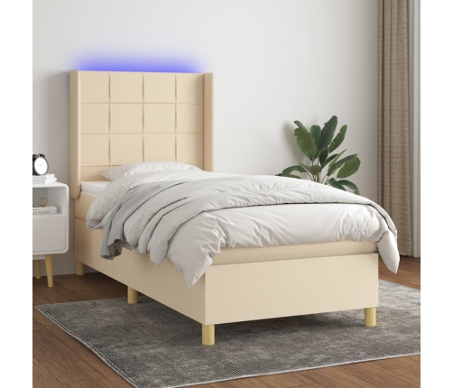 Cama box spring colchón y luces LED tela color crema 90x190 cm