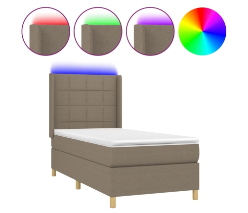 Cama box spring colchón y luces LED tela gris taupe 90x200 cm