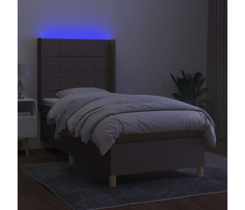 Cama box spring colchón y luces LED tela gris taupe 90x200 cm