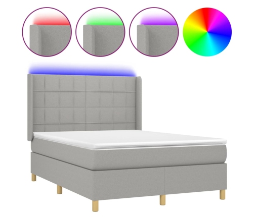 Cama box spring colchón y luces LED tela gris claro 140x200 cm