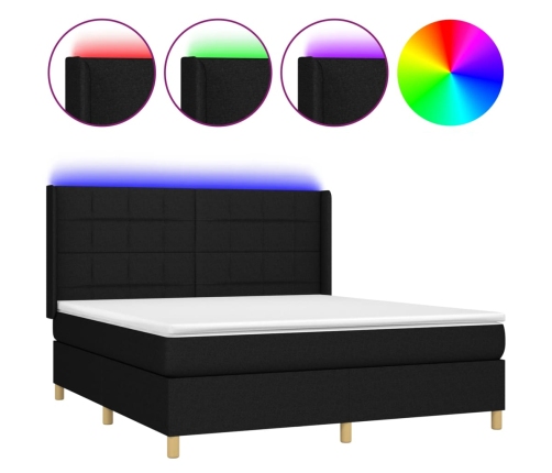 Cama box spring colchón y luces LED tela negro 160x200 cm