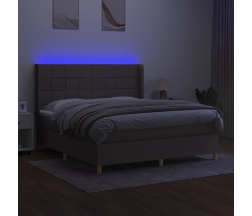 Cama box spring colchón y luces LED tela gris taupe 160x200 cm