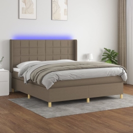 Cama box spring colchón y luces LED tela gris taupe 160x200 cm