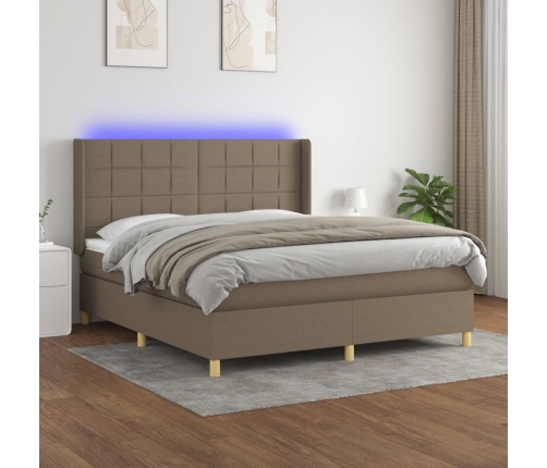 Cama box spring colchón y luces LED tela gris taupe 160x200 cm