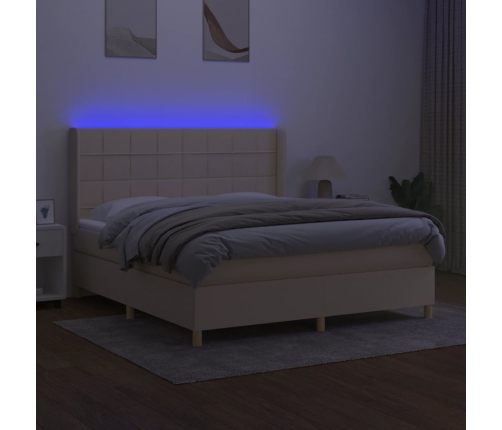 Cama box spring colchón y luces LED tela crema 160x200 cm