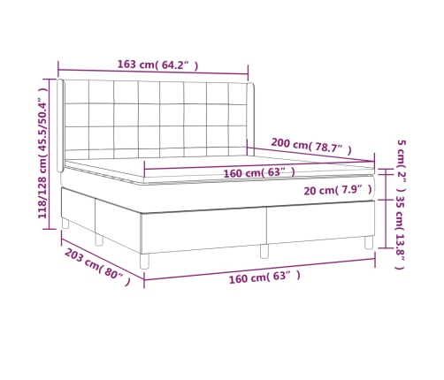 Cama box spring colchón y luces LED tela crema 160x200 cm