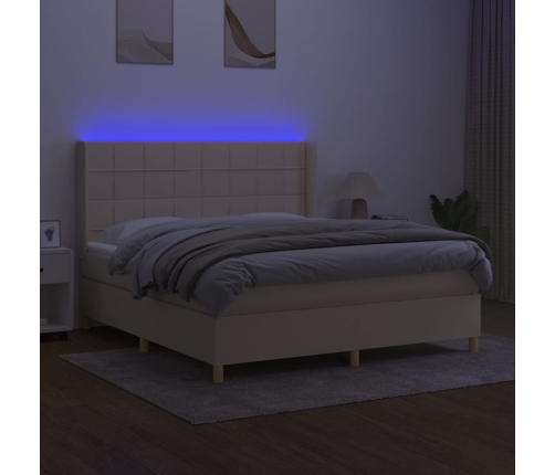 Cama box spring colchón y luces LED tela crema 180x200 cm