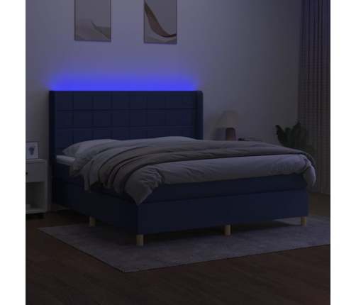 Cama box spring colchón y luces LED tela azul 180x200 cm