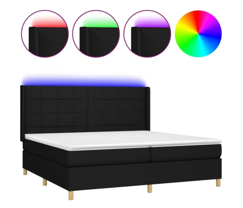 Cama box spring colchón y luces LED tela negro 200x200 cm