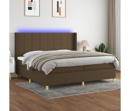 Cama box spring colchón luces LED tela marrón oscuro 200x200 cm