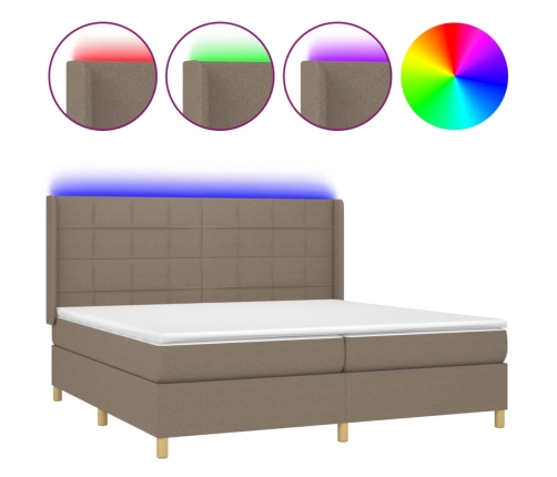 Cama box spring colchón y luces LED tela gris taupe 200x200 cm