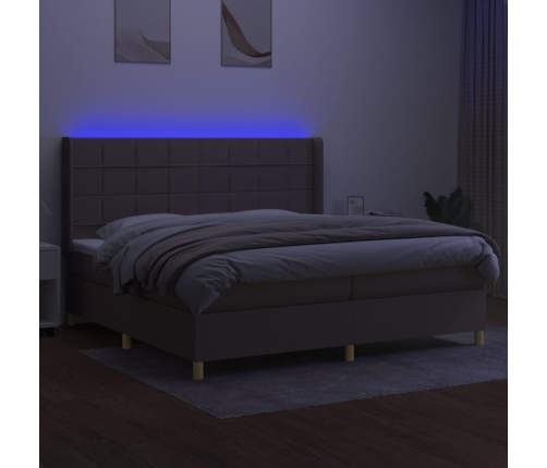 Cama box spring colchón y luces LED tela gris taupe 200x200 cm