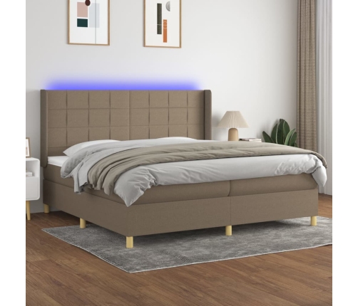 Cama box spring colchón y luces LED tela gris taupe 200x200 cm