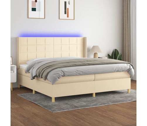 Cama box spring colchón y luces LED tela crema 200x200 cm