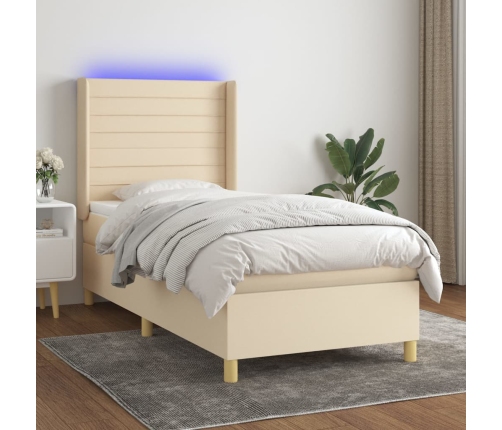 Cama box spring colchón y luces LED tela crema 80x200 cm