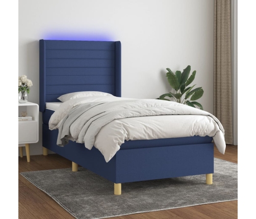 Cama box spring colchón y luces LED tela azul 80x200 cm