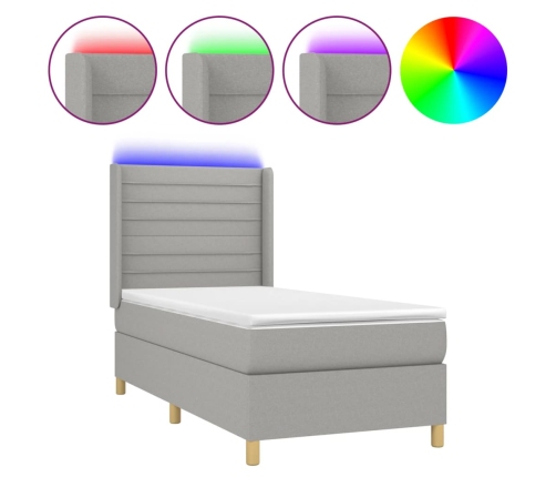 Cama box spring colchón y luces LED tela gris claro 90x190 cm