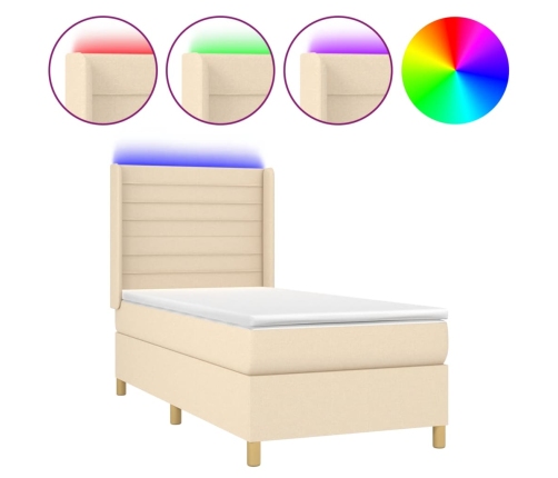 Cama box spring colchón y luces LED tela color crema 90x190 cm