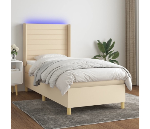 Cama box spring colchón y luces LED tela color crema 90x190 cm