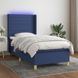 Cama box spring colchón y luces LED tela azul 90x190 cm