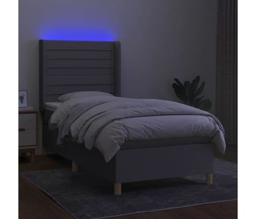 Cama box spring colchón y luces LED tela gris claro 90x200 cm