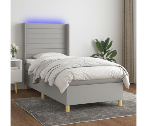 Cama box spring colchón y luces LED tela gris claro 90x200 cm