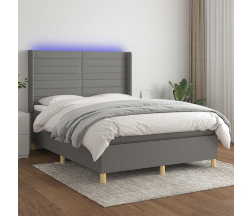 Cama box spring colchón y luces LED tela gris oscuro 140x190 cm