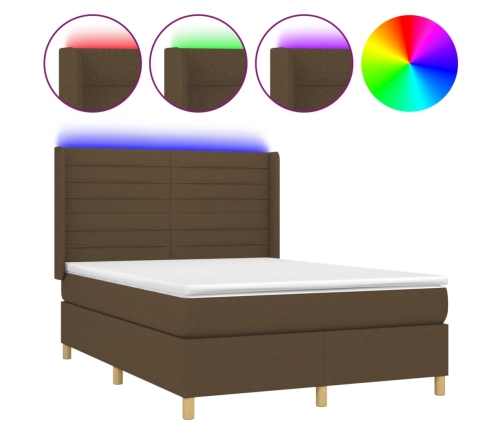 Cama box spring colchón luces LED tela marrón oscuro 140x190 cm