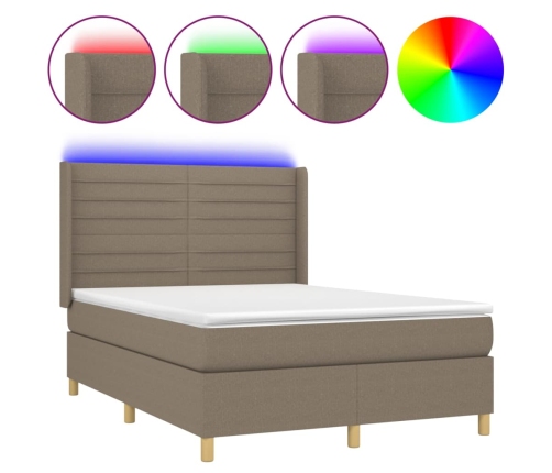 Cama box spring colchón y luces LED tela gris taupe 140x190 cm