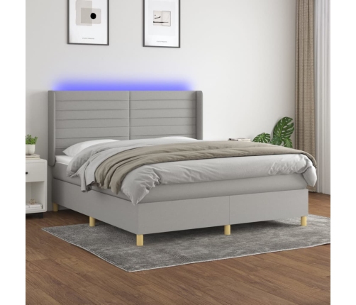 Cama box spring colchón y luces LED tela gris claro 160x200 cm