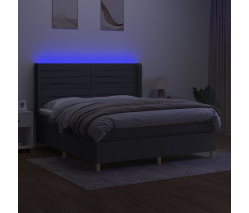 Cama box spring colchón y luces LED tela gris oscuro 160x200 cm