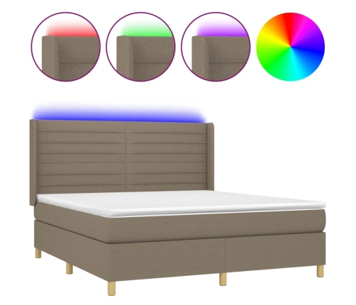 Cama box spring colchón y luces LED tela gris taupe 180x200 cm