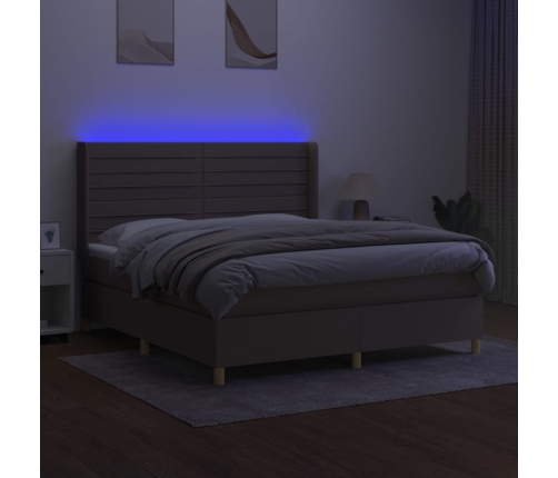 Cama box spring colchón y luces LED tela gris taupe 180x200 cm