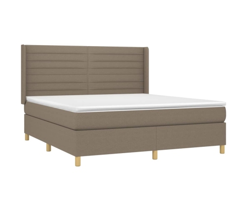 Cama box spring colchón y luces LED tela gris taupe 180x200 cm