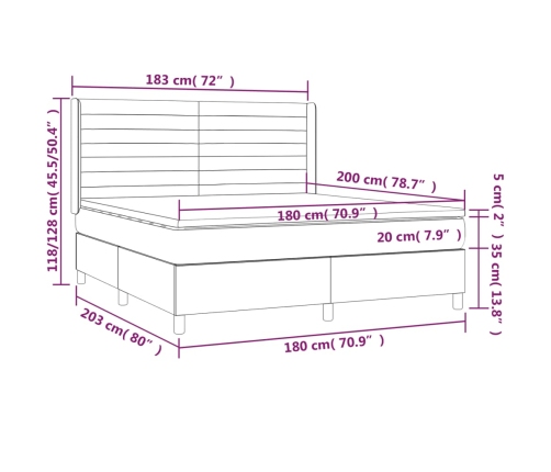 Cama box spring colchón y luces LED tela crema 180x200 cm