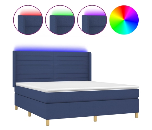 Cama box spring colchón y luces LED tela azul 180x200 cm