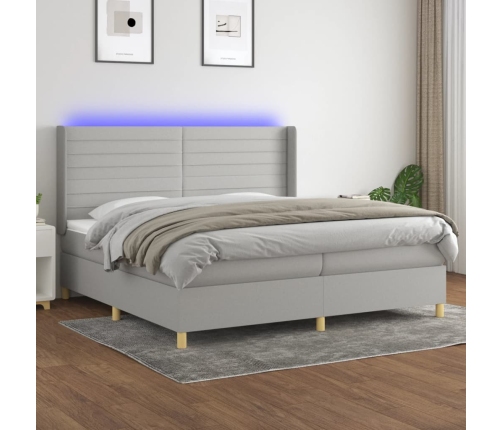 Cama box spring con colchón tela y LED gris claro 200x200 cm