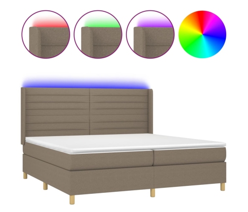 Cama box spring colchón y luces LED tela gris taupe 200x200 cm