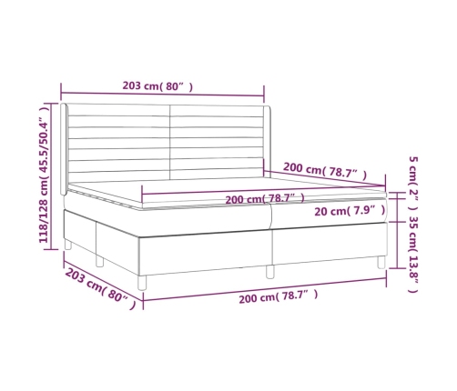 Cama box spring colchón y luces LED tela gris taupe 200x200 cm