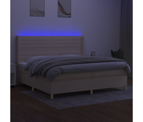 Cama box spring colchón y luces LED tela crema 200x200 cm