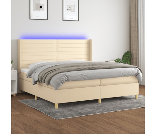 Cama box spring colchón y luces LED tela crema 200x200 cm