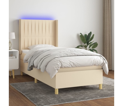 Cama box spring colchón y luces LED tela crema 90x200 cm