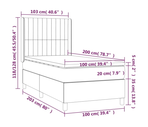 Cama box spring colchón y luces LED tela crema 100x200 cm