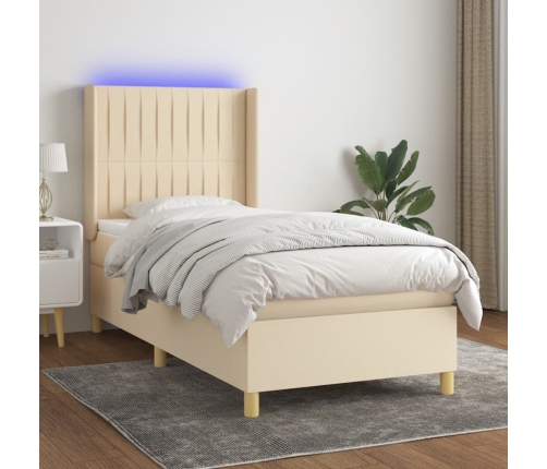 Cama box spring colchón y luces LED tela crema 100x200 cm