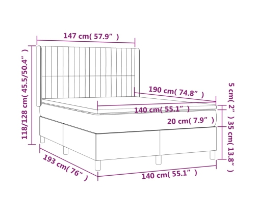 Cama box spring colchón y luces LED tela gris oscuro 140x190 cm