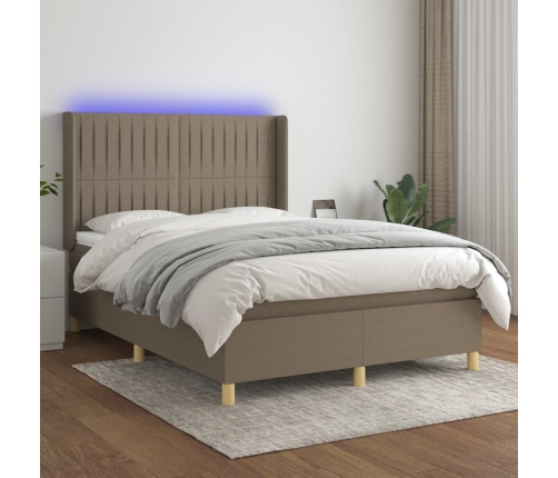 Cama box spring colchón y luces LED tela gris taupe 140x190 cm