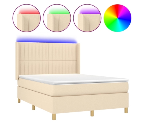 Cama box spring colchón y luces LED tela crema 140x190 cm