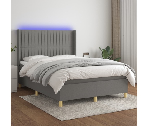 Cama box spring colchón y luces LED tela gris oscuro 140x200 cm